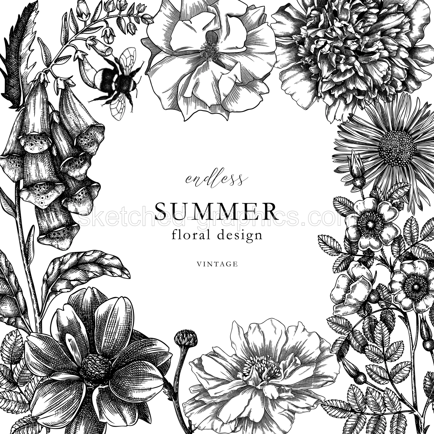 Summer flowers square card or invitation template. Hand-sketched garden plants frame in engraved style. Botanical illustration with flower outlines. Perfect for banners, wedding or event design Illustration